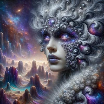 The primary subject of the image is a woman with a unique and intricate appearance. She is wearing a white wig and has a distinctive look, possibly inspired by the cosmos. The setting is a space-themed environment, with a backdrop of a starry sky. The visual style of the image is digital art, as it is a detailed and intricate illustration. The colors and mood of the image are predominantly purple and blue, creating a sense of mystery and wonder.